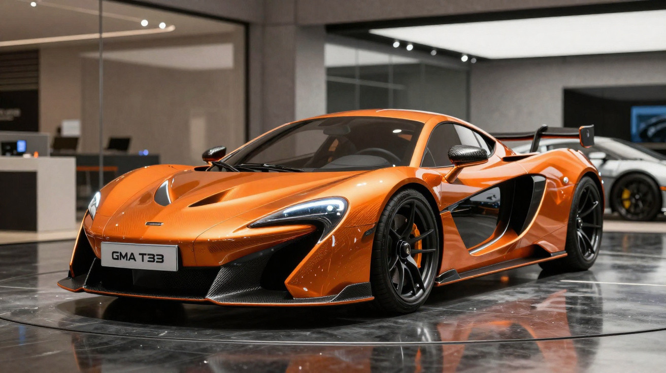 Carro esportivo laranja McLaren GMA T33 exposto em showroom moderno com piso brilhante.