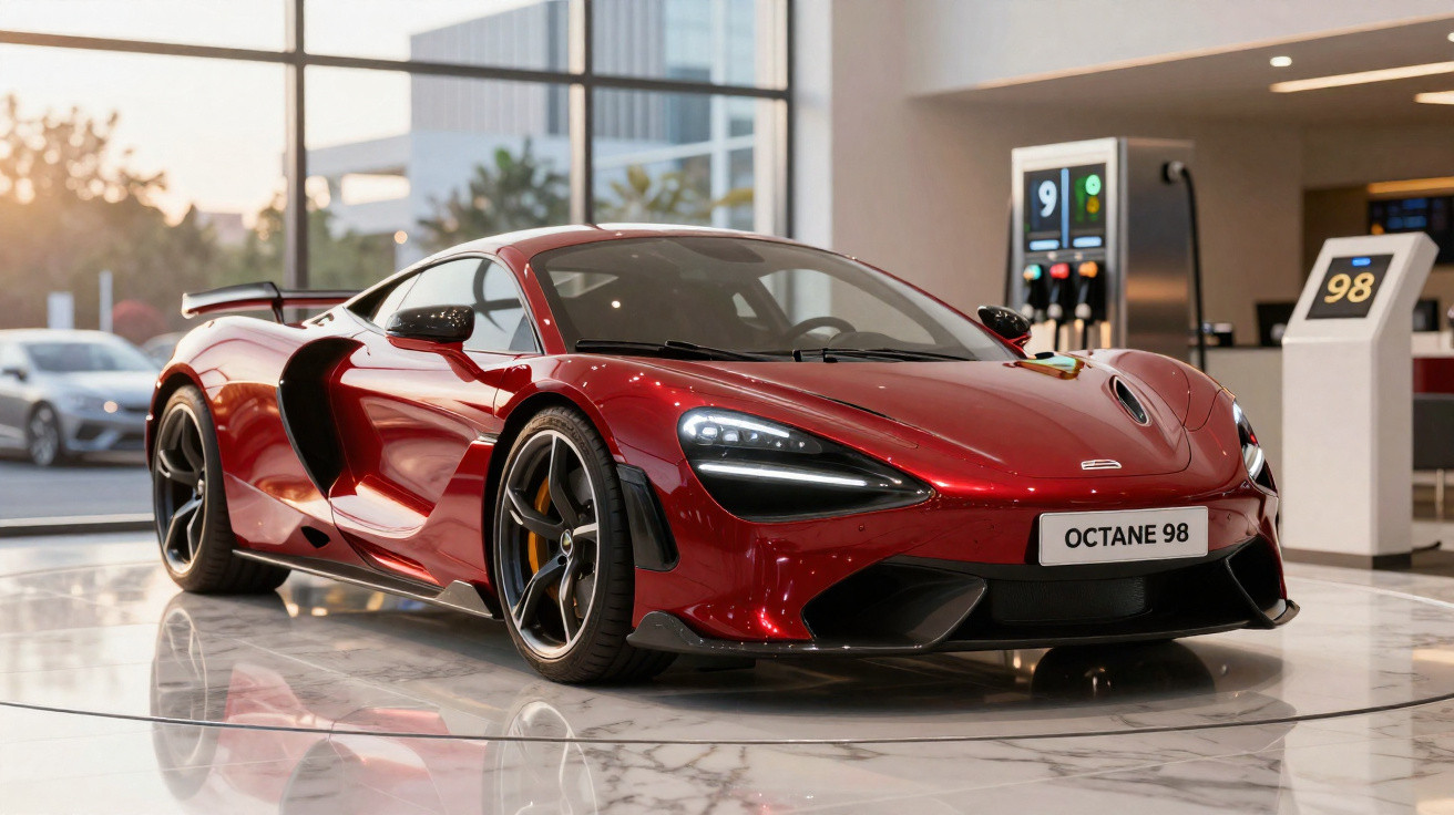 Carro esportivo vermelho brilhante em exposição interna com painel digital e vidros refletivos.