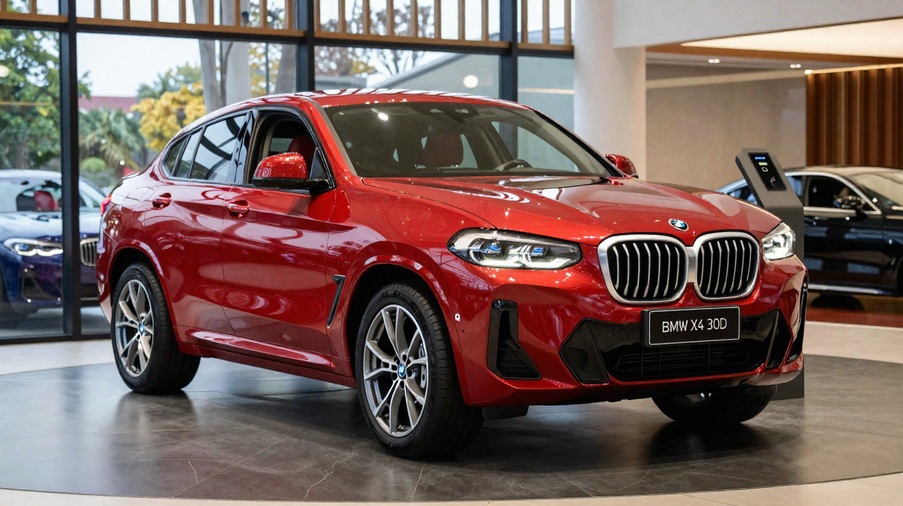 Carro SUV vermelho BMW X4 30D exposto em showroom com teto de vidro e pisos de cerâmica.