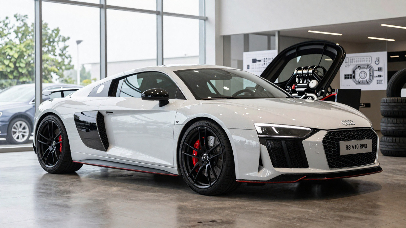 Carro esportivo Audi R8 branco estacionado em showroom moderno com teto de vidro e iluminação natural.