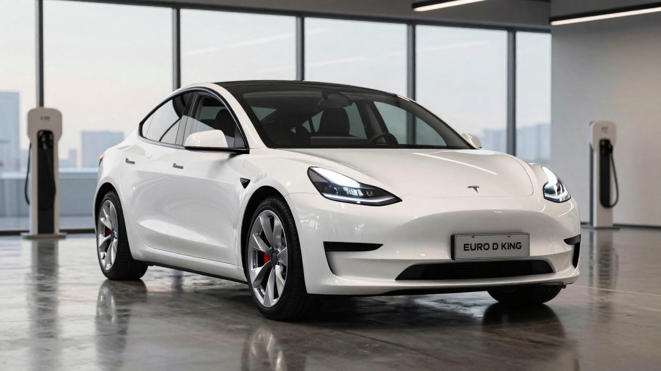 Carro elétrico branco Tesla Model 3 estacionado em showroom com pontos de recarga ao fundo.