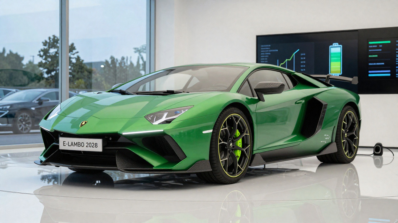 Carro esportivo Lamborghini verde elétrico exposto em salão com tela digital ao fundo.