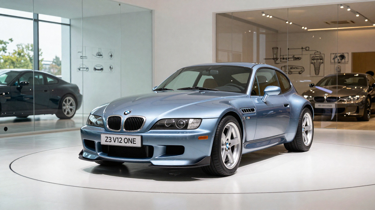 Carro esportivo BMW Z3 azul metálico exibido em showroom moderno e iluminado.