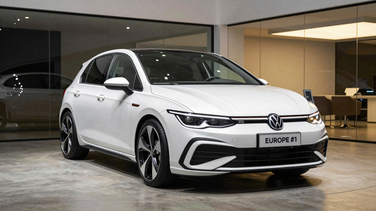 Carro hatchback branco Volkswagen Golf GTI estacionado em showroom moderno com piso de concreto polido.