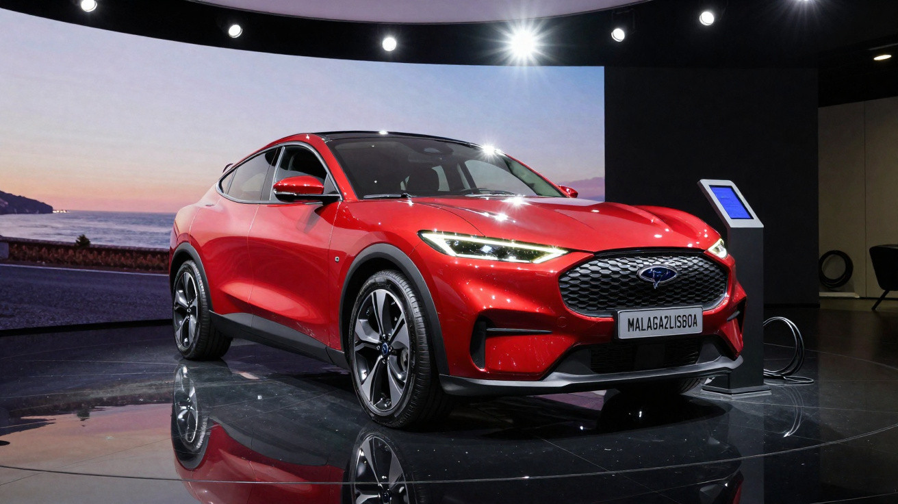 Carro elétrico vermelho exposto em ambiente interno com painel digital ao lado e reflexo no chão espelhado.