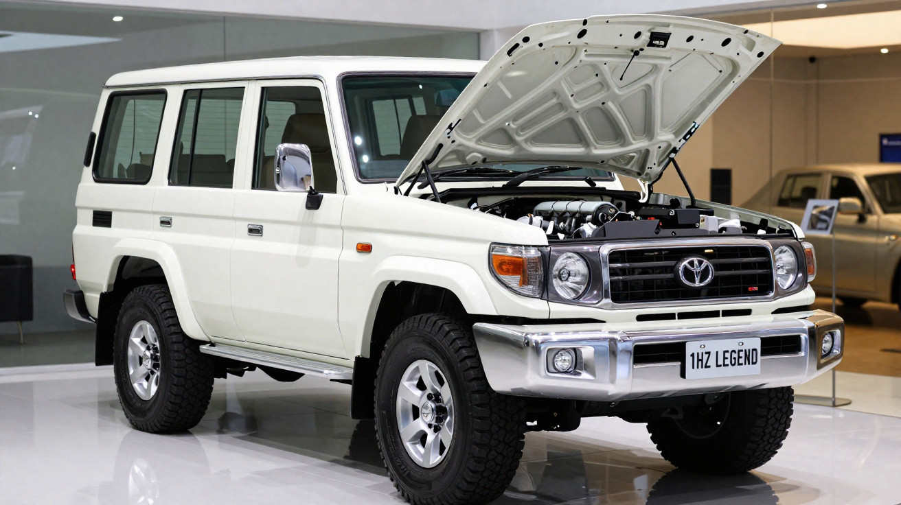 Toyota Land Cruiser branco com capô aberto em exposição interna.
