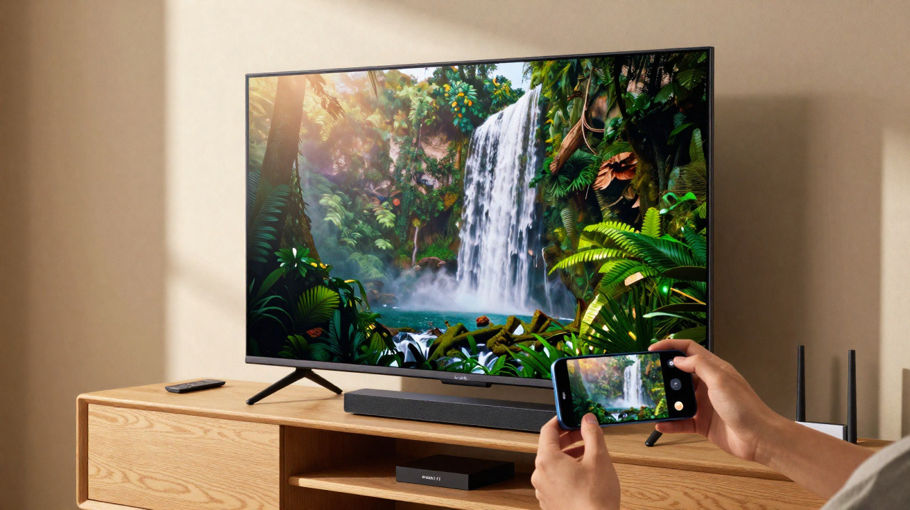 Pessoa segurando smartphone tirando foto de cachoeira exibida em TV sobre móvel de madeira clara.