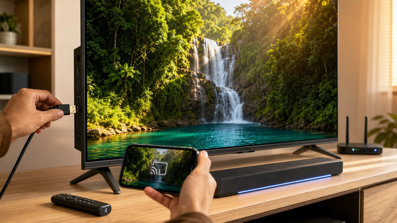 Pessoa conectando cabo HDMI na TV que exibe cachoeira, com celular transmitindo conteúdo via wireless.