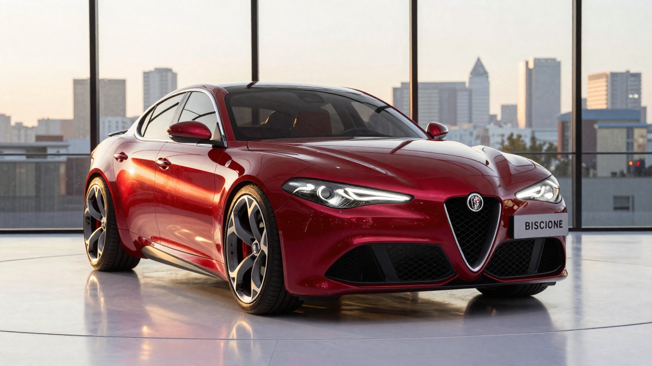 Carro esportivo Alfa Romeo vermelho com rodas grandes em espaço interno moderno com vista da cidade ao fundo.