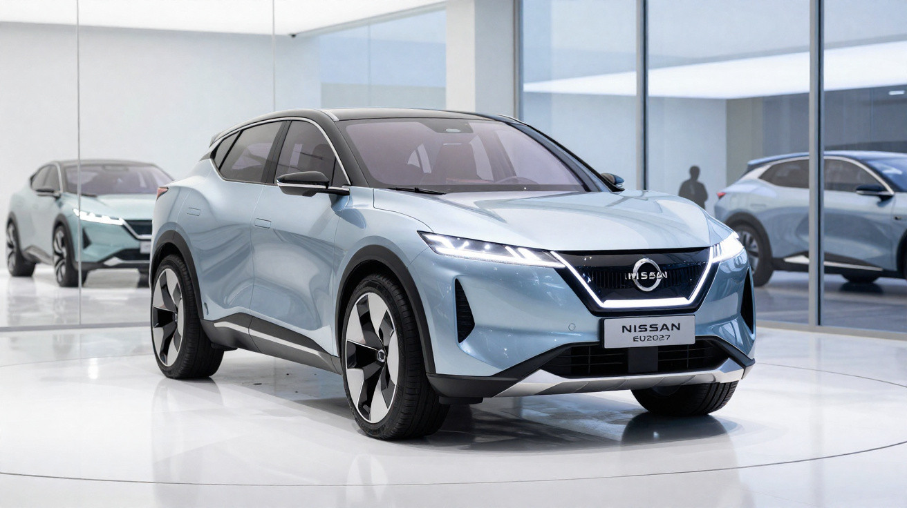 Carro elétrico Nissan Ariya azul claro estacionado em ambiente interno moderno com paredes de vidro.