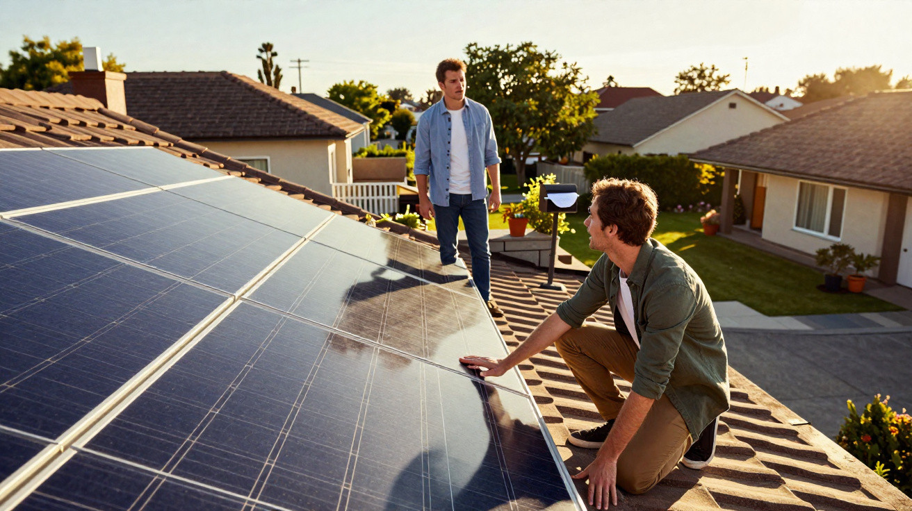 Dois homens inspecionam painéis solares instalados no telhado de uma casa residencial ao entardecer.
