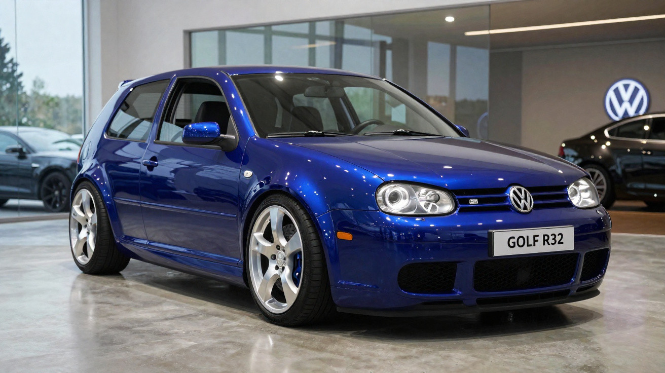 Carro Volkswagen Golf R32 azul estacionado em showroom com piso cinza refletivo e logo da VW ao fundo.