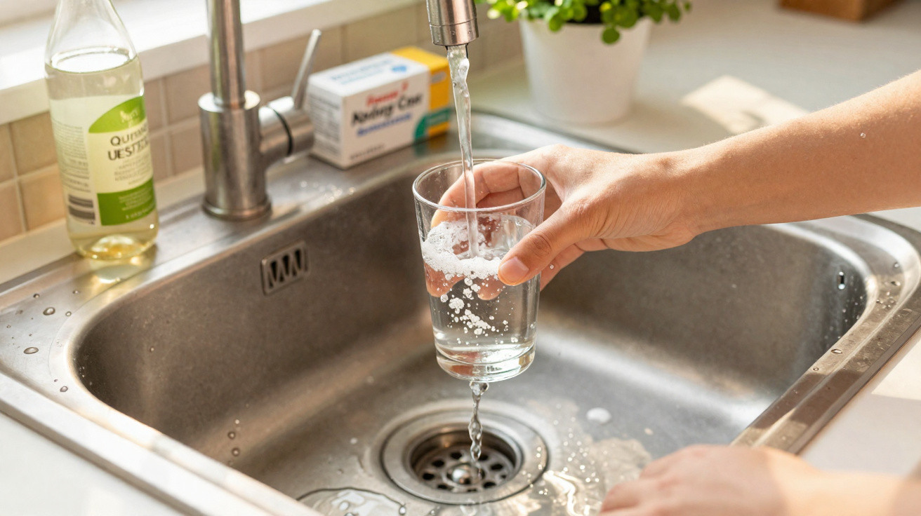 Pessoa enchendo copo com água da torneira em pia de cozinha de aço inox.