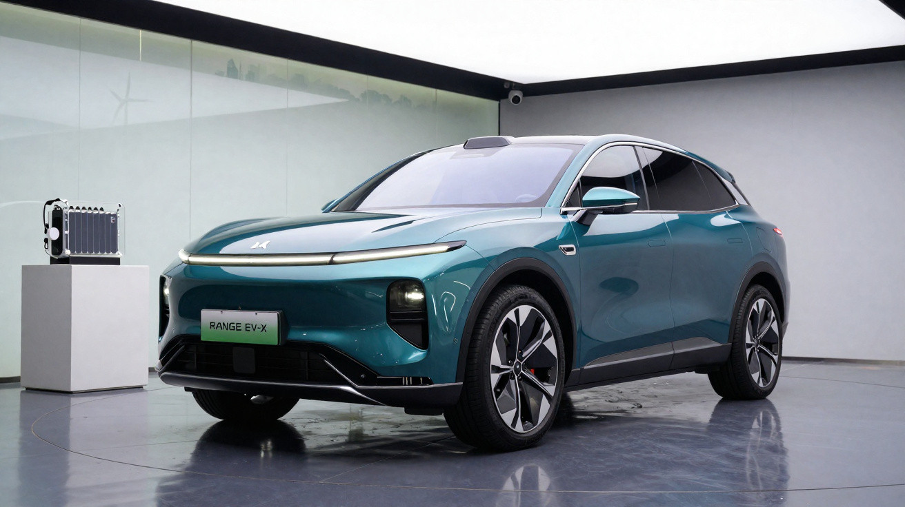 Carro elétrico SUV azul metálico estacionado em espaço interno moderno com motor exposto ao lado.