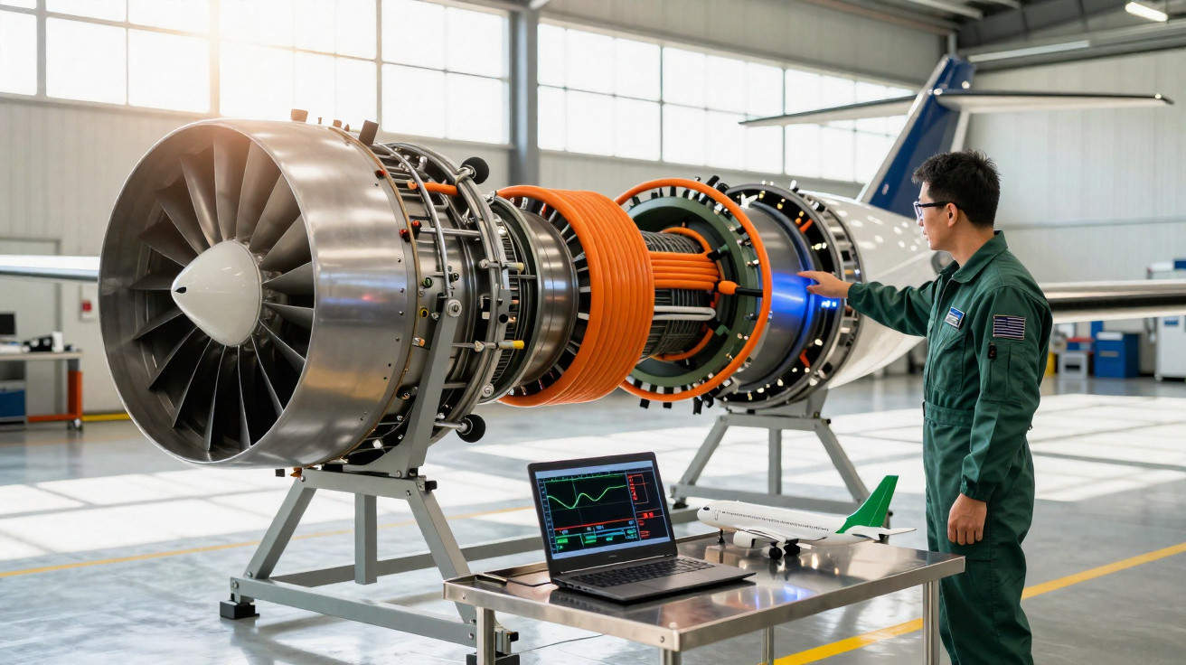 Engenheiro em uniforme verde analisa motor a jato em bancada com laptop e miniatura de avião em oficina.