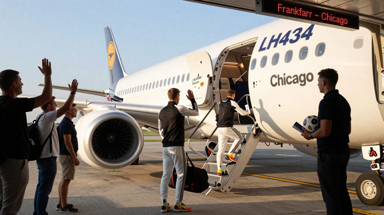 Passageiros se despedem enquanto embarcam em avião Lufthansa com destino a Chicago.