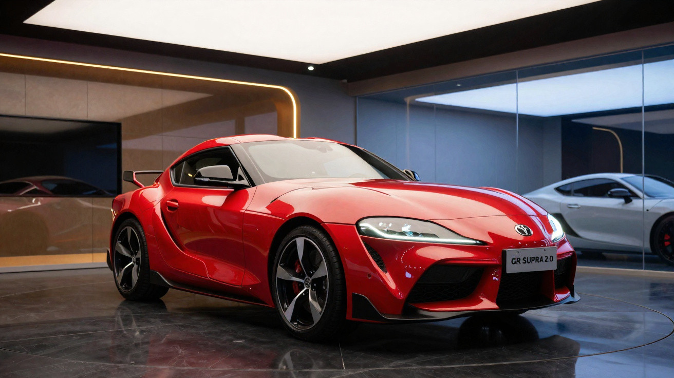 Carro esportivo Toyota GR Supra 2.0 vermelho exibido em showroom moderno com iluminação suave.