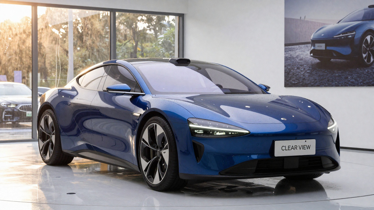 Carro esportivo elétrico azul modelo Clear View exibido em showroom moderno com iluminação natural.