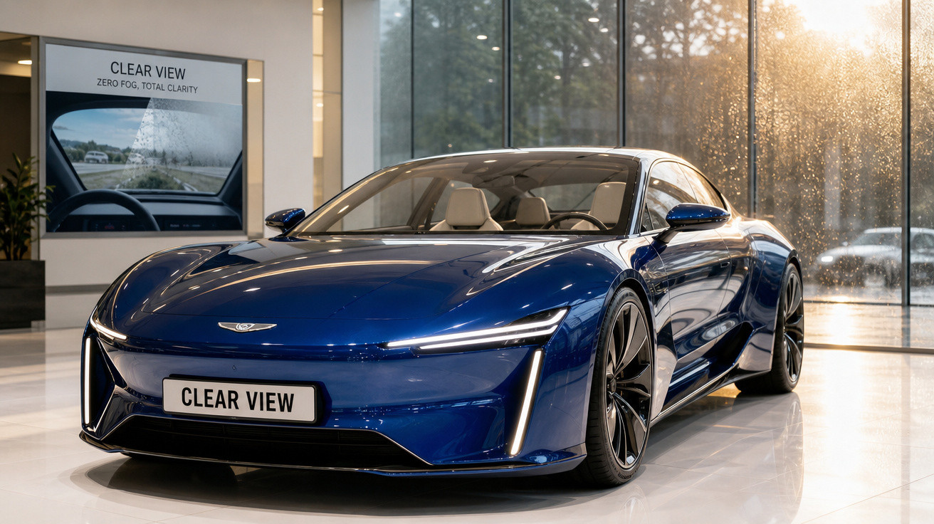 Carro esportivo azul brilhante em exposição interna, com design moderno e faróis finos.