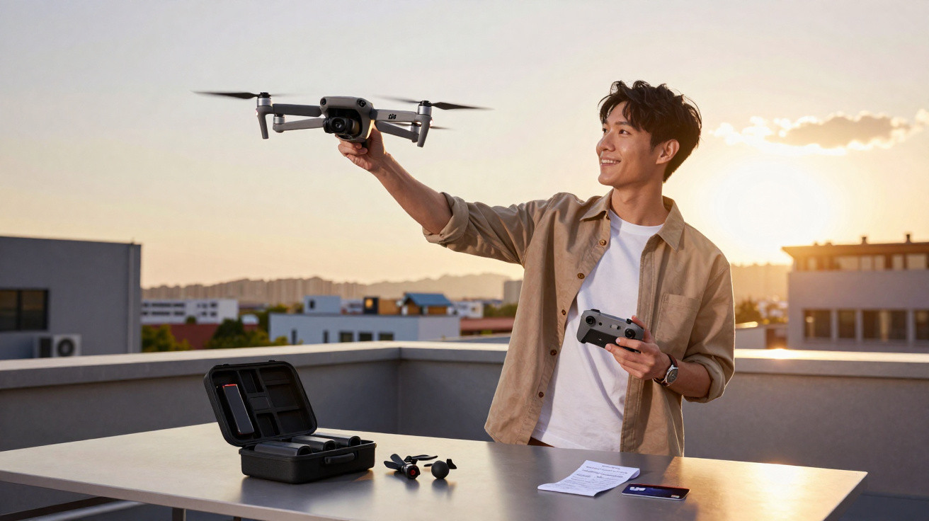 Homem segurando drone enquanto pilota com controle em varanda ao pôr do sol.