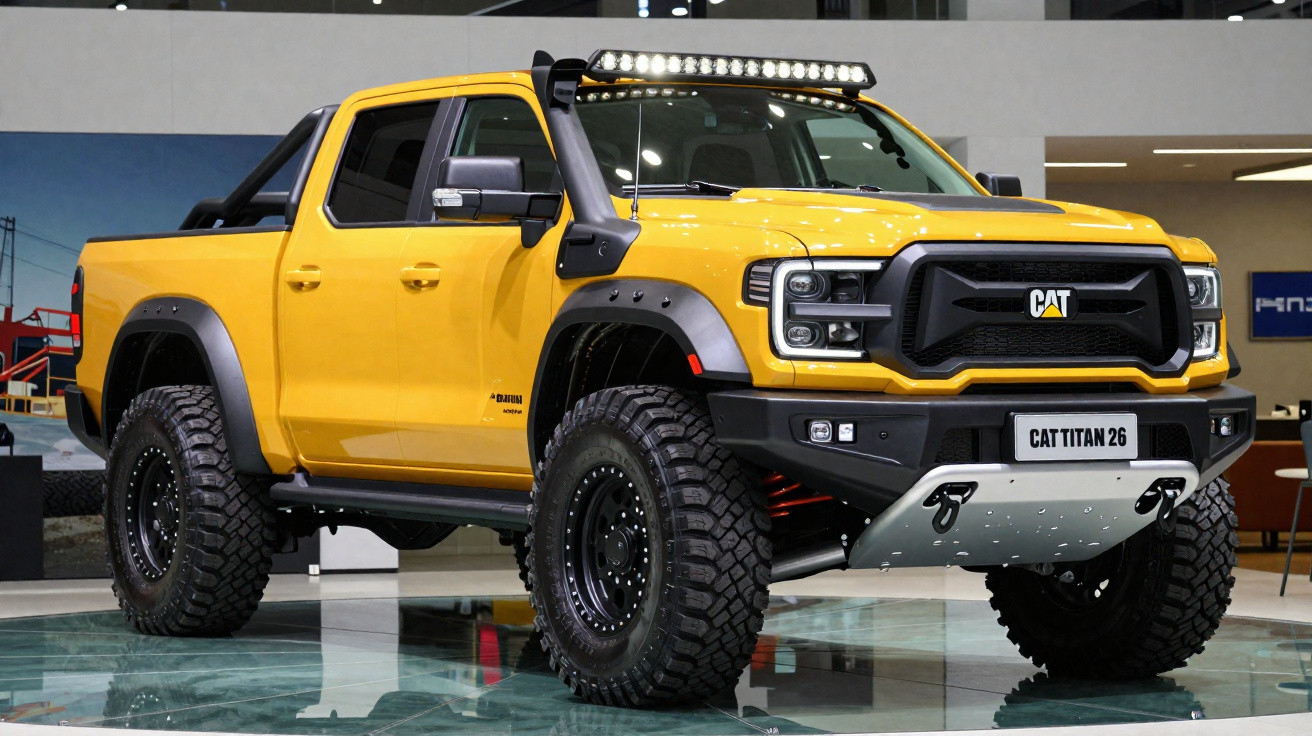 Picape amarela CAT Titan 26 com pneus off-road grandes em exposição interna.