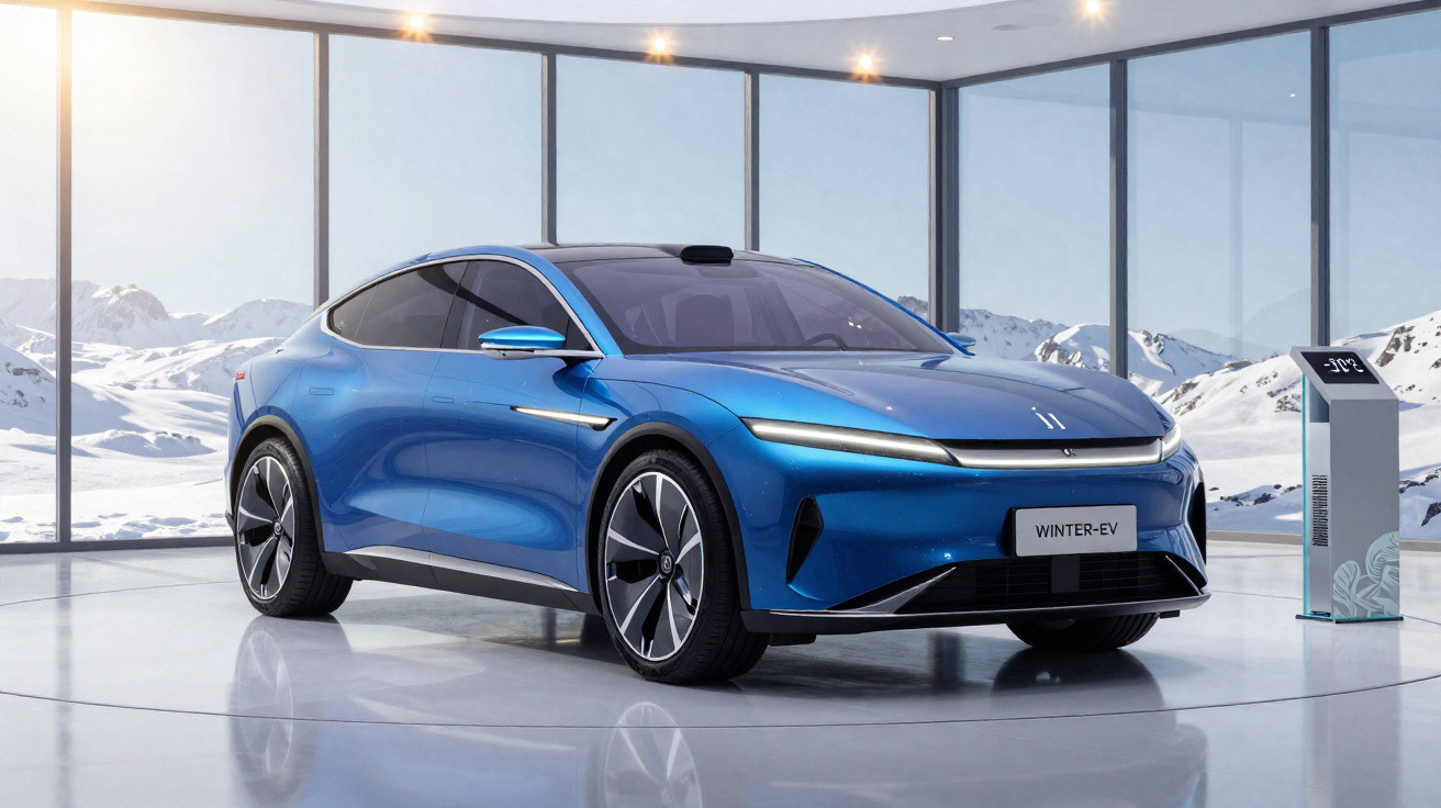 Carro elétrico azul Winter-EV em showroom moderno com vista para montanhas cobertas de neve.