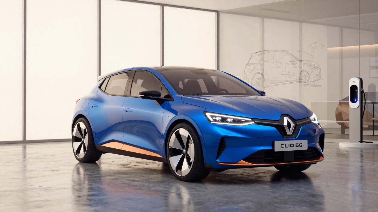 Carro elétrico Renault Clio 6G azul em ambiente interno com estação de recarga ao lado.