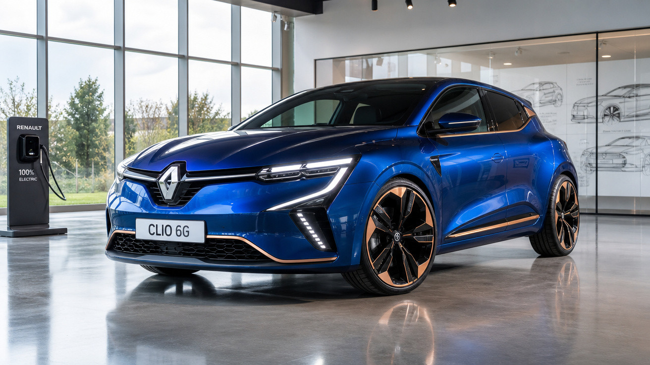 Carro elétrico azul Renault Clio 6G em showroom moderno com estação de recarga ao fundo.
