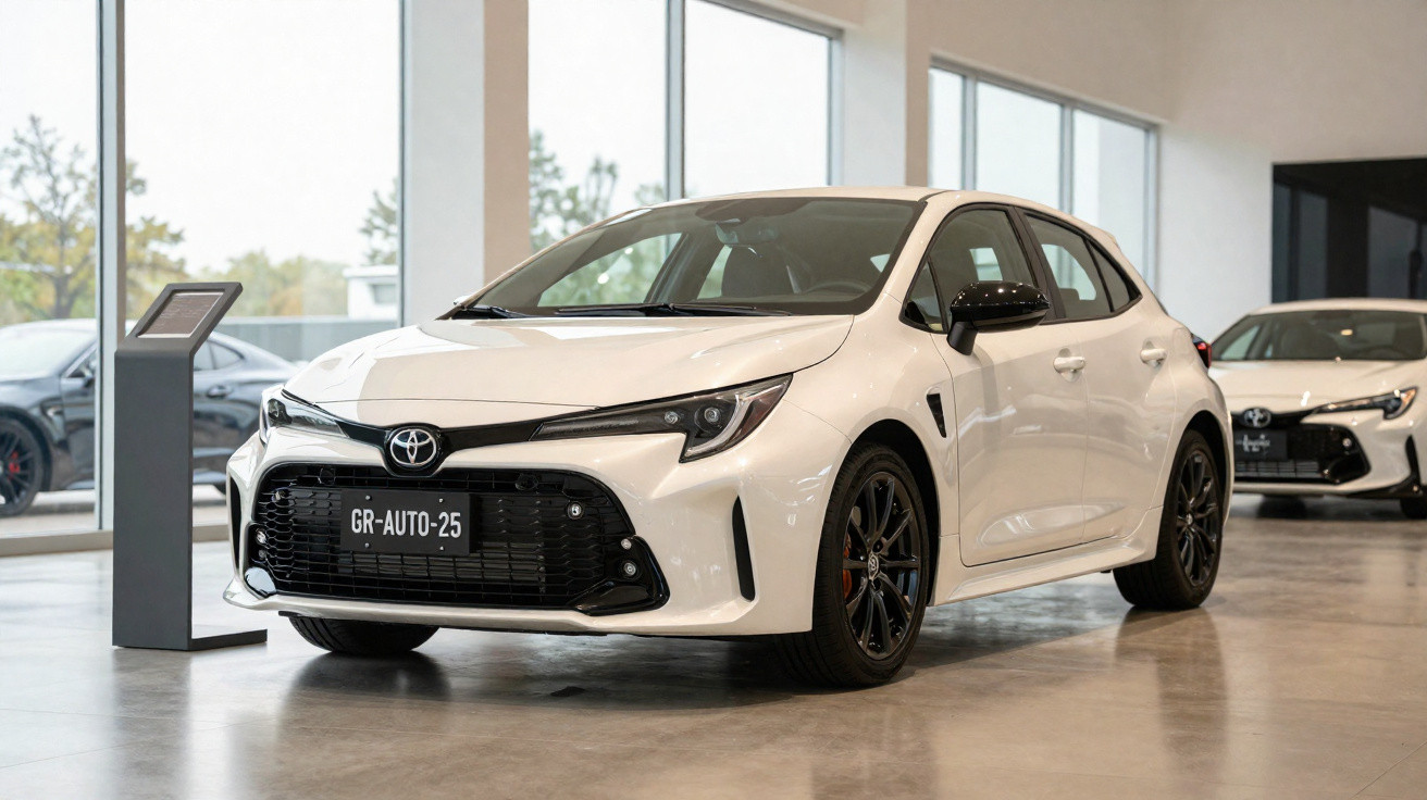 Carro branco Toyota esportivo em exposição dentro de loja com piso cinza e paredes claras.