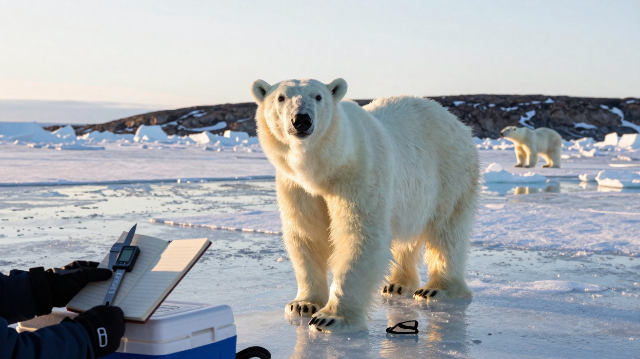 Urso polar adulto em ambiente gelado com pesquisador anotando dados em caderno próximo à borda do gelo.