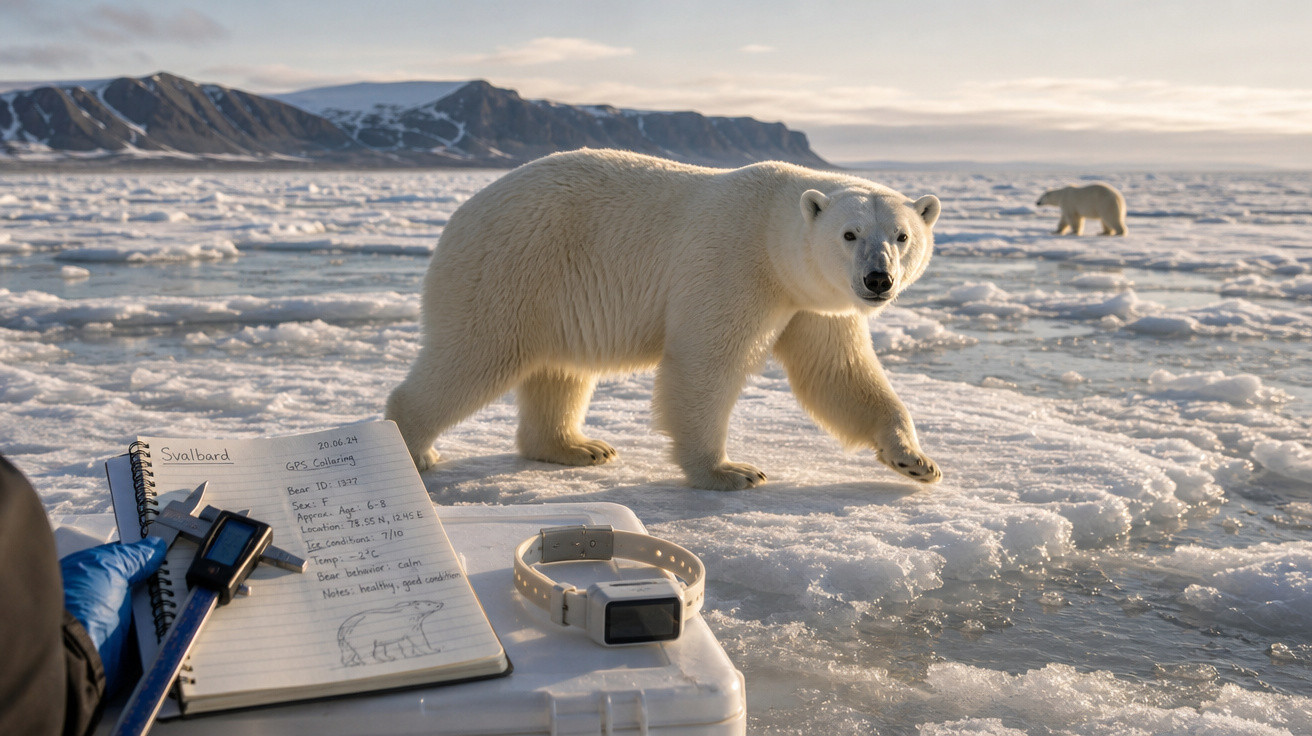 Urso polar caminhando sobre gelo em paisagem ártica com anotação científica e equipamentos à vista.
