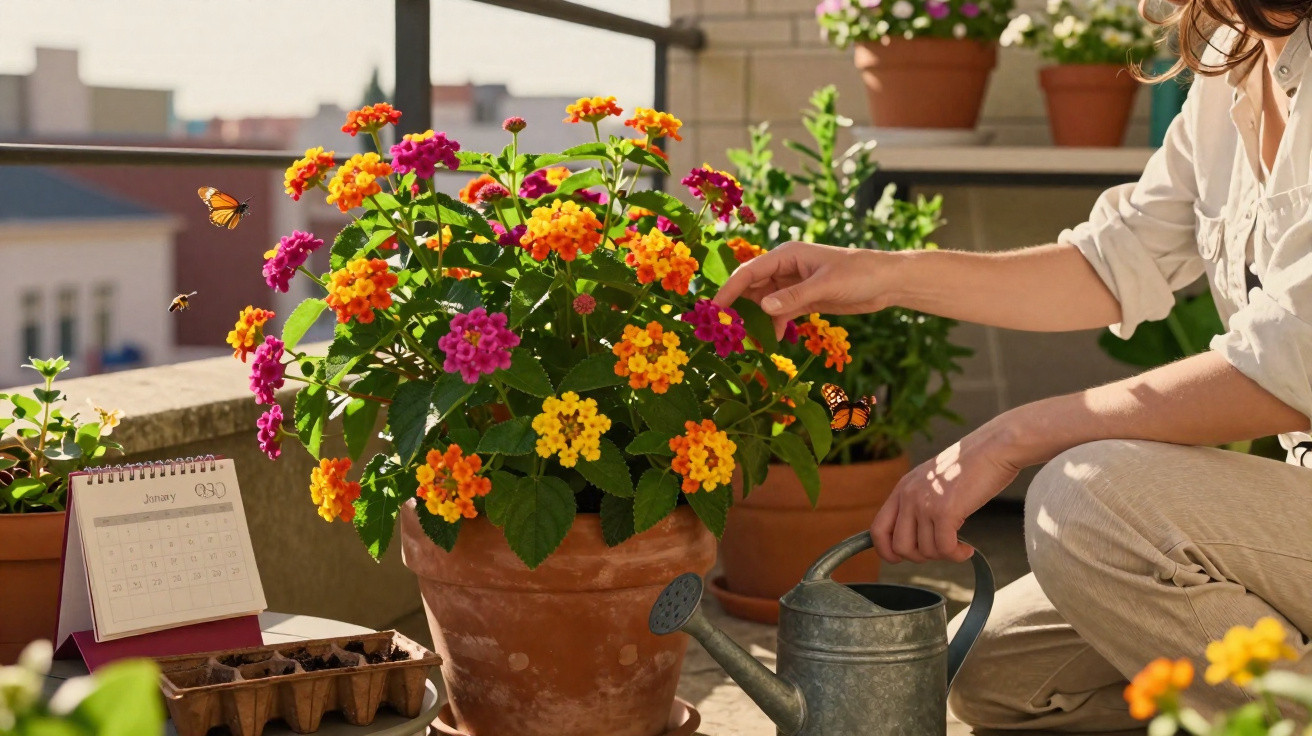 Pessoa regando plantas coloridas em vaso no terraço com calendário e abelhas voando.