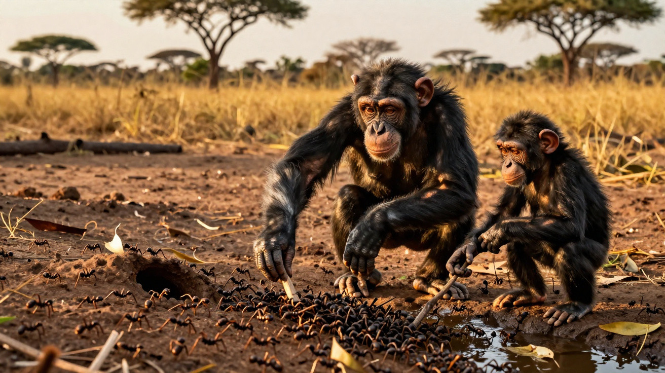 Dois chimpanzés observando e interagindo com uma fila de formigas em ambiente de savana.