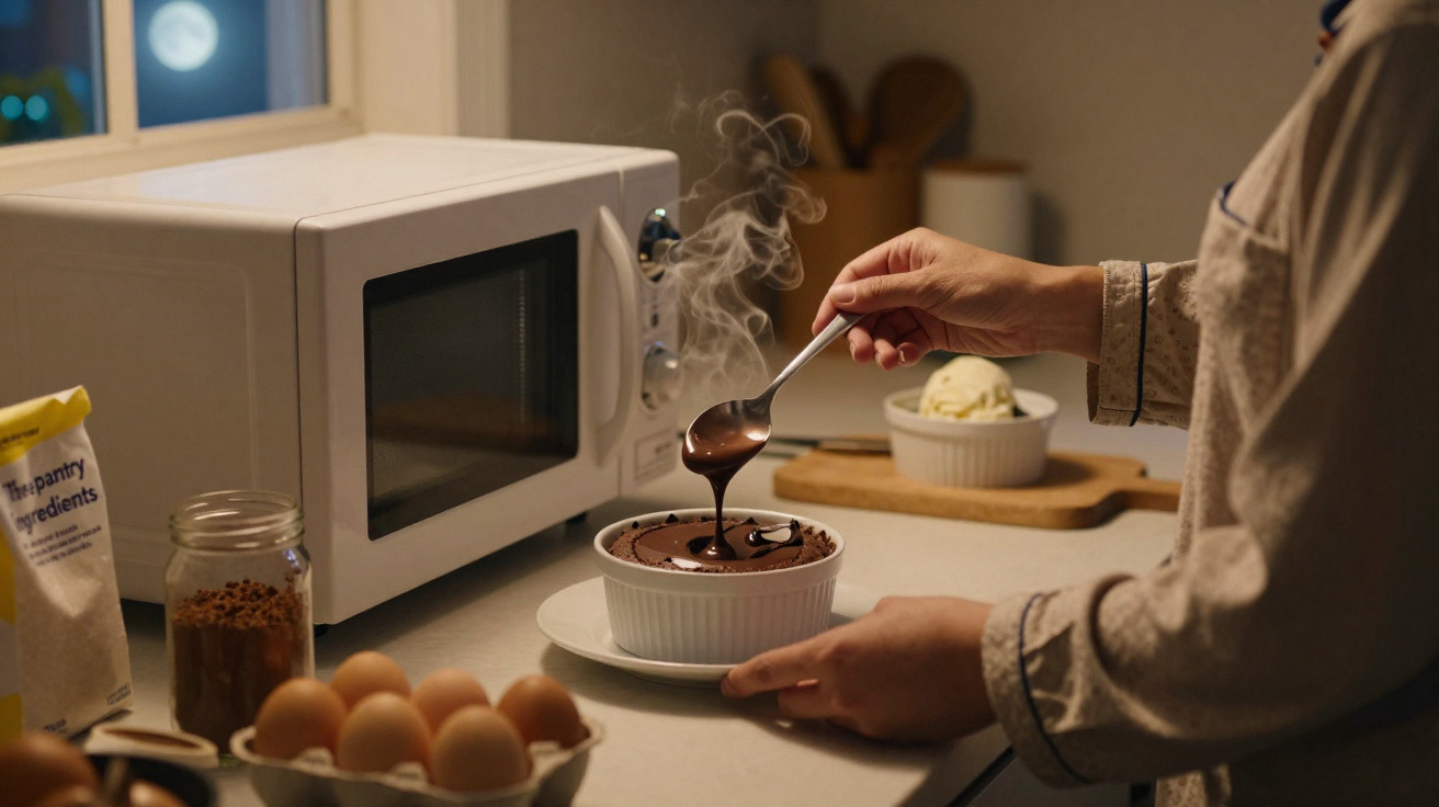 Pessoa segurando prato com sobremesa de chocolate quente ao lado de micro-ondas, ovos e sorvete.