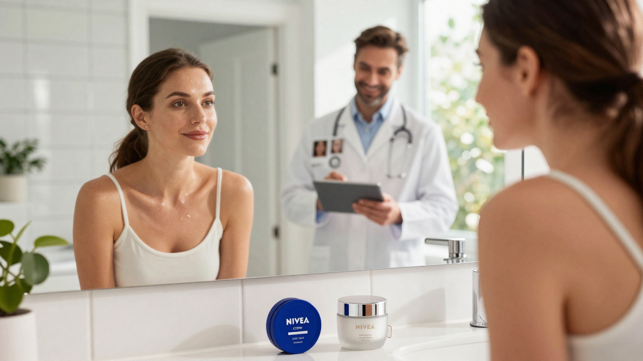 Mulher olhando o espelho com creme Nivea no banheiro e médico sorridente ao fundo.