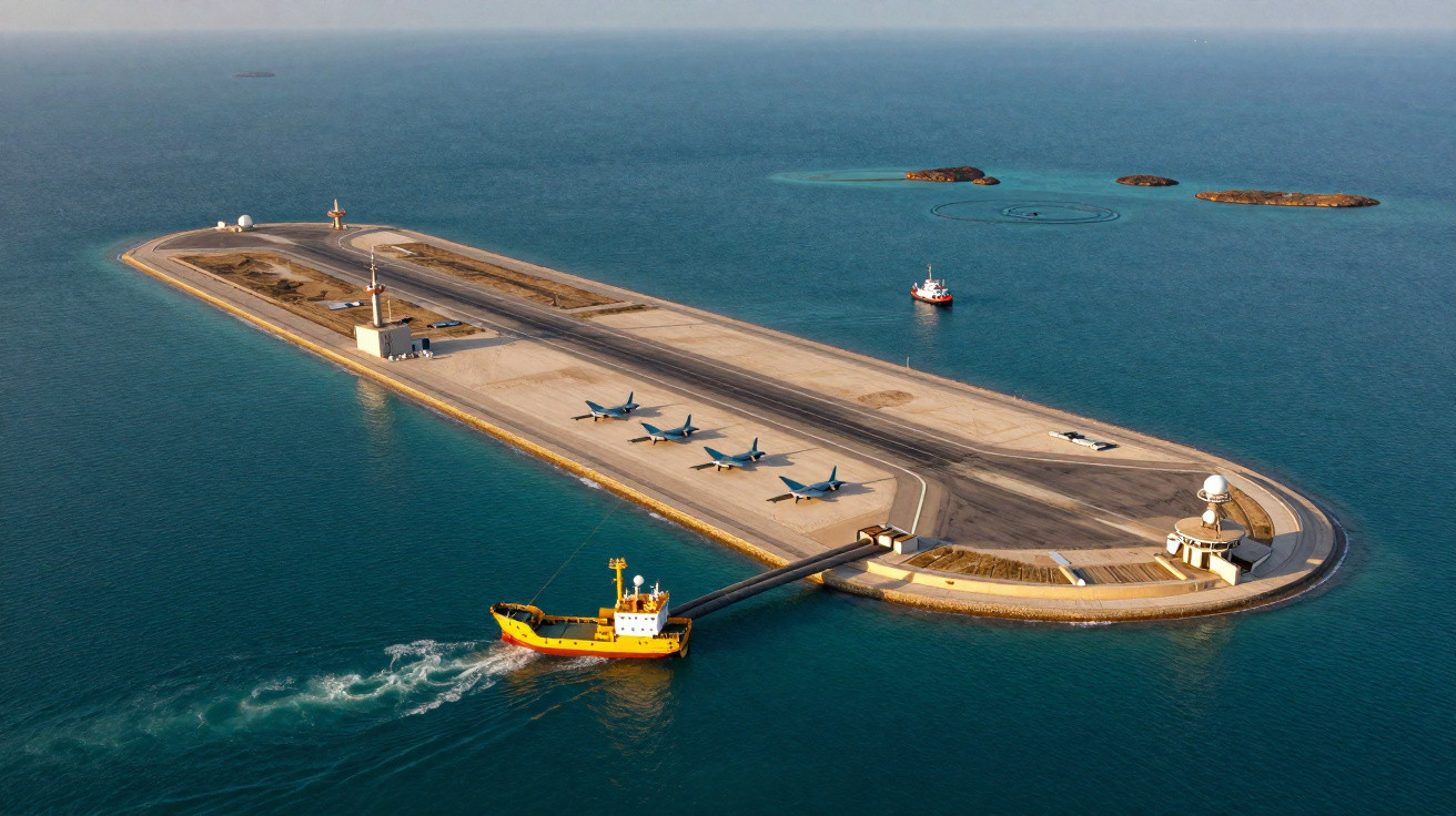 Ilha artificial com pista de pouso, quatro aviões estacionados e dois barcos navegando no mar ao redor.