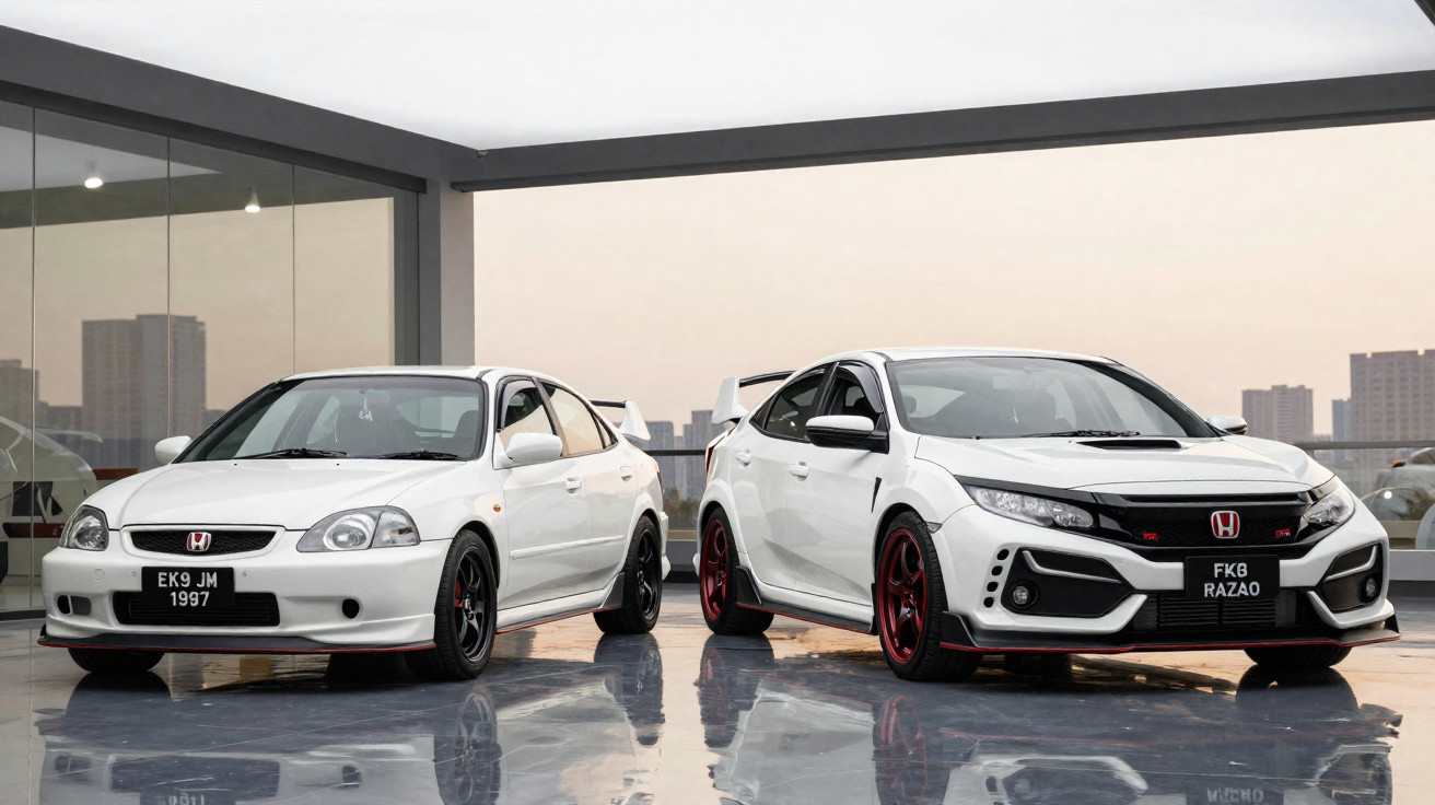 Dois carros Honda Civic Type R brancos, modelo antigo 1997 e modelo moderno, lado a lado em espaço aberto com edifícios ao fu