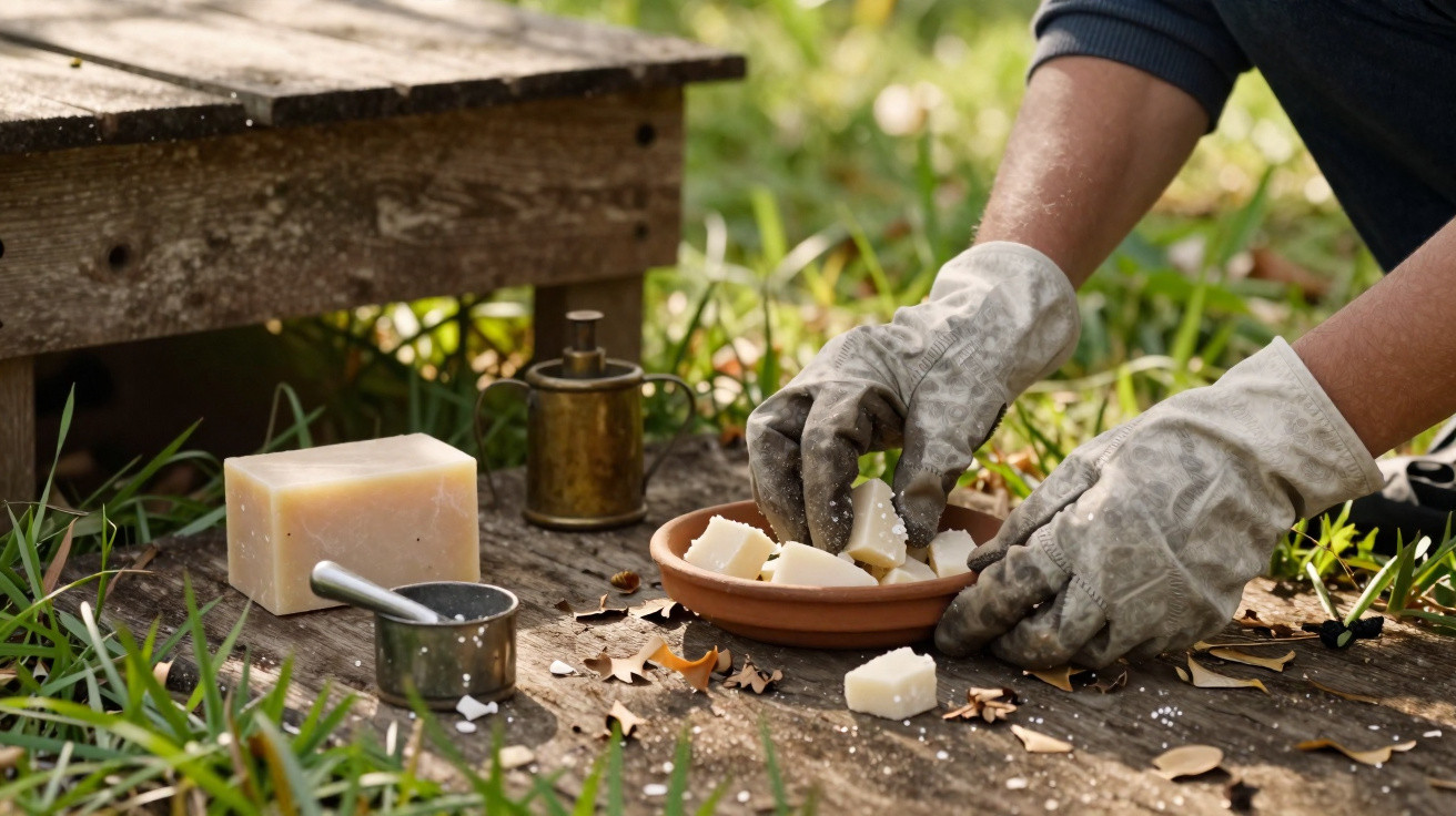 Pessoa com luvas manuseando pedaços de cera branca em um prato, com bloco de cera e utensílios sobre madeira.
