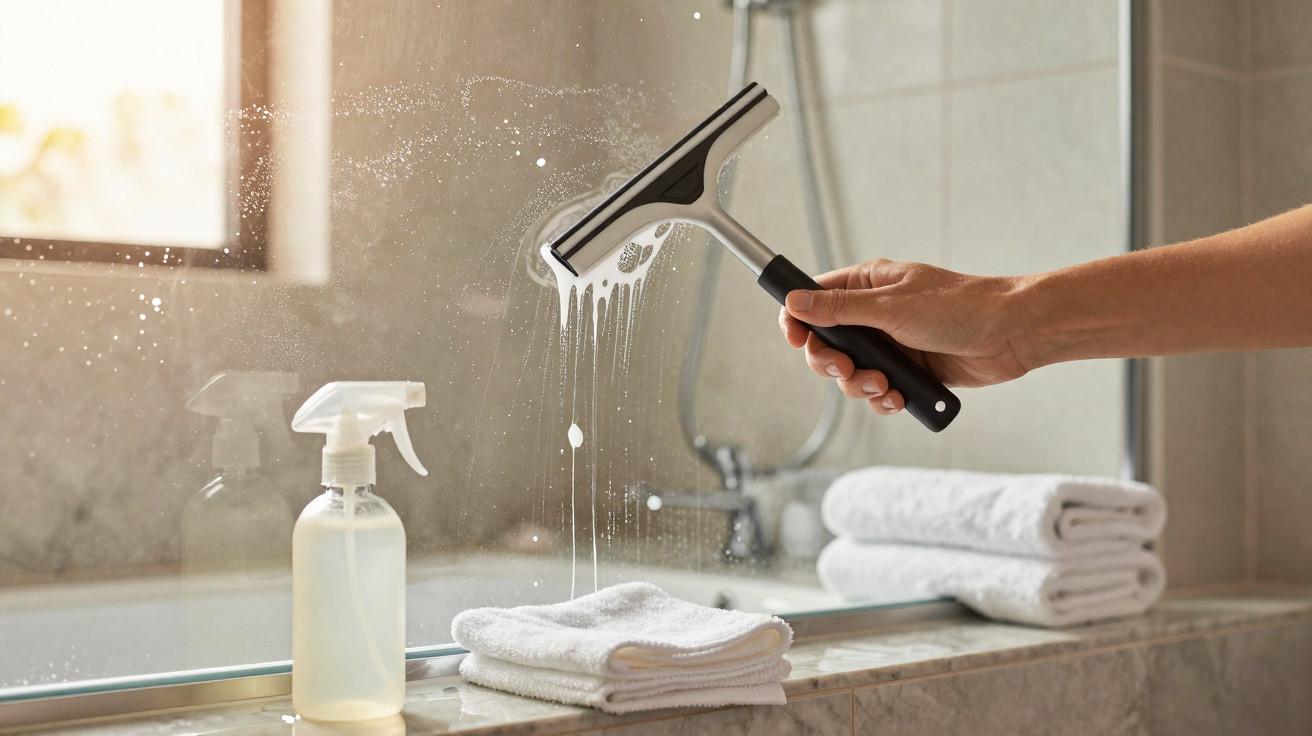 Mão usando um limpador de janela para remover água de um vidro de banheiro com toalhas e spray ao lado.