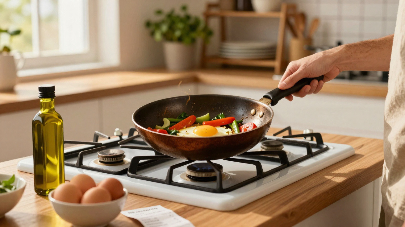 Pessoa cozinhando ovo frito com legumes em frigideira sobre fogão a gás em cozinha iluminada.