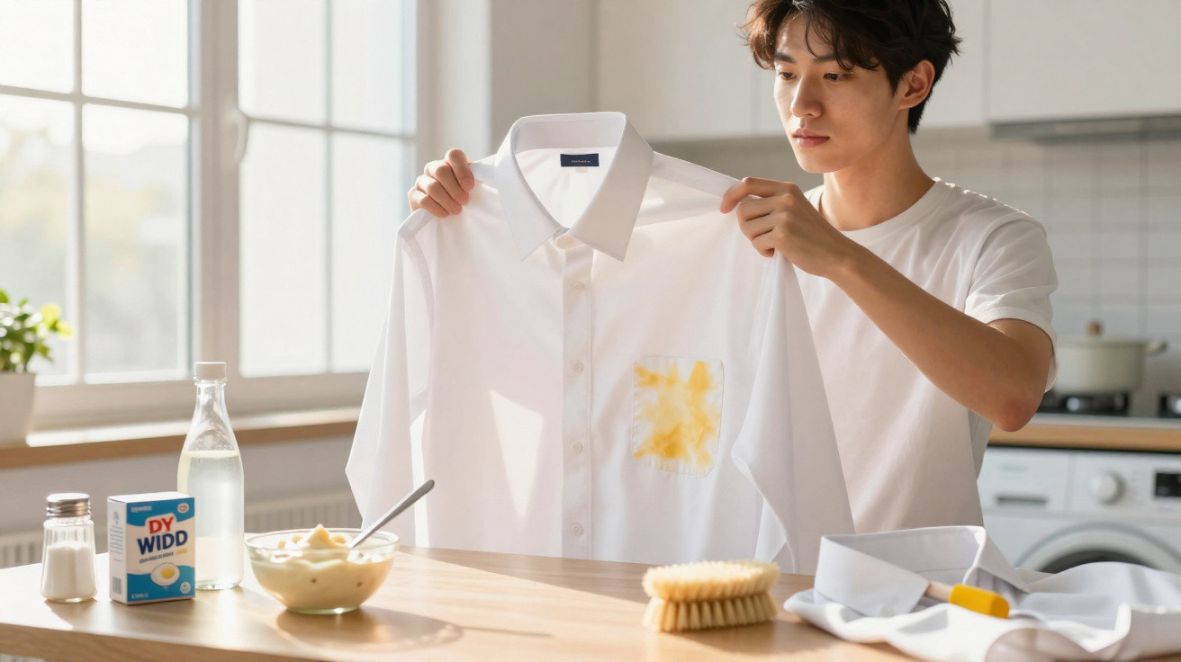 Jovem segurando camisa branca com mancha amarela na cozinha, ao lado de produtos de limpeza e escova.