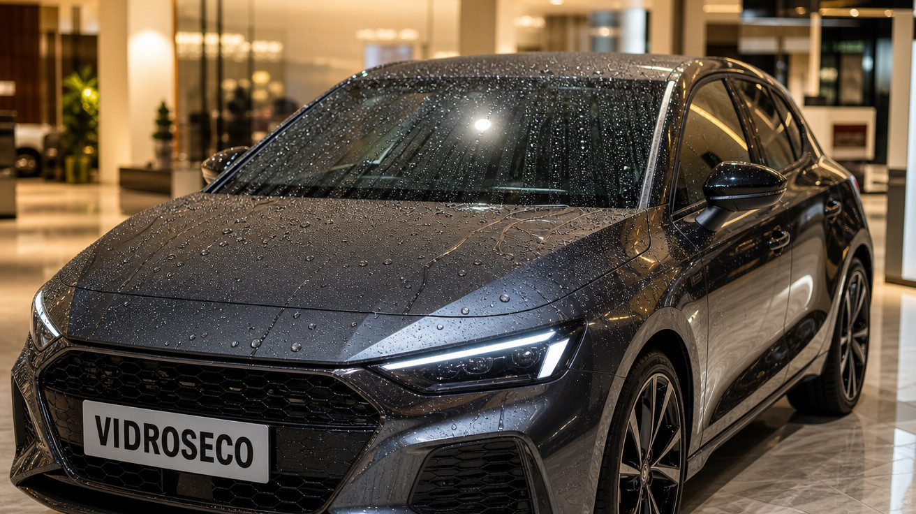 Carro preto com gotas de água na lataria, estacionado em ambiente interno iluminado.