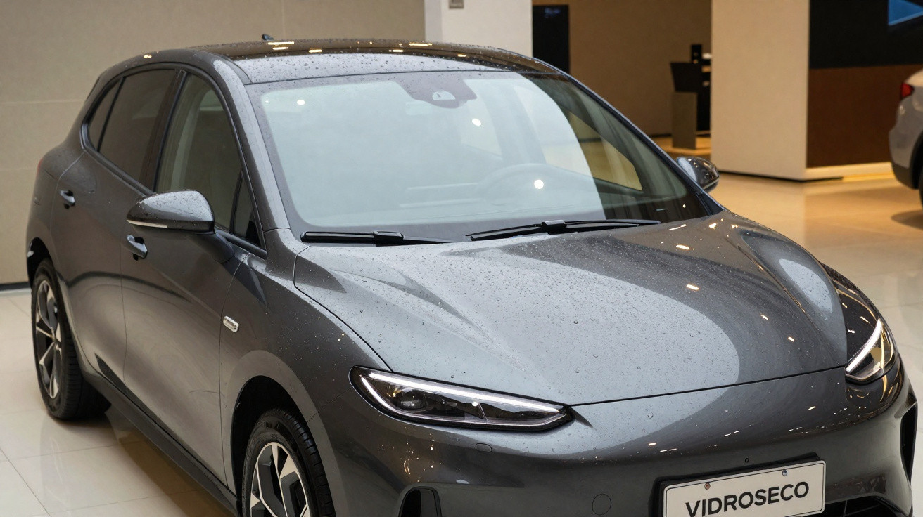 Carro elétrico cinza escuro com luzes frontais finas, estacionado em ambiente interno com luz artificial.