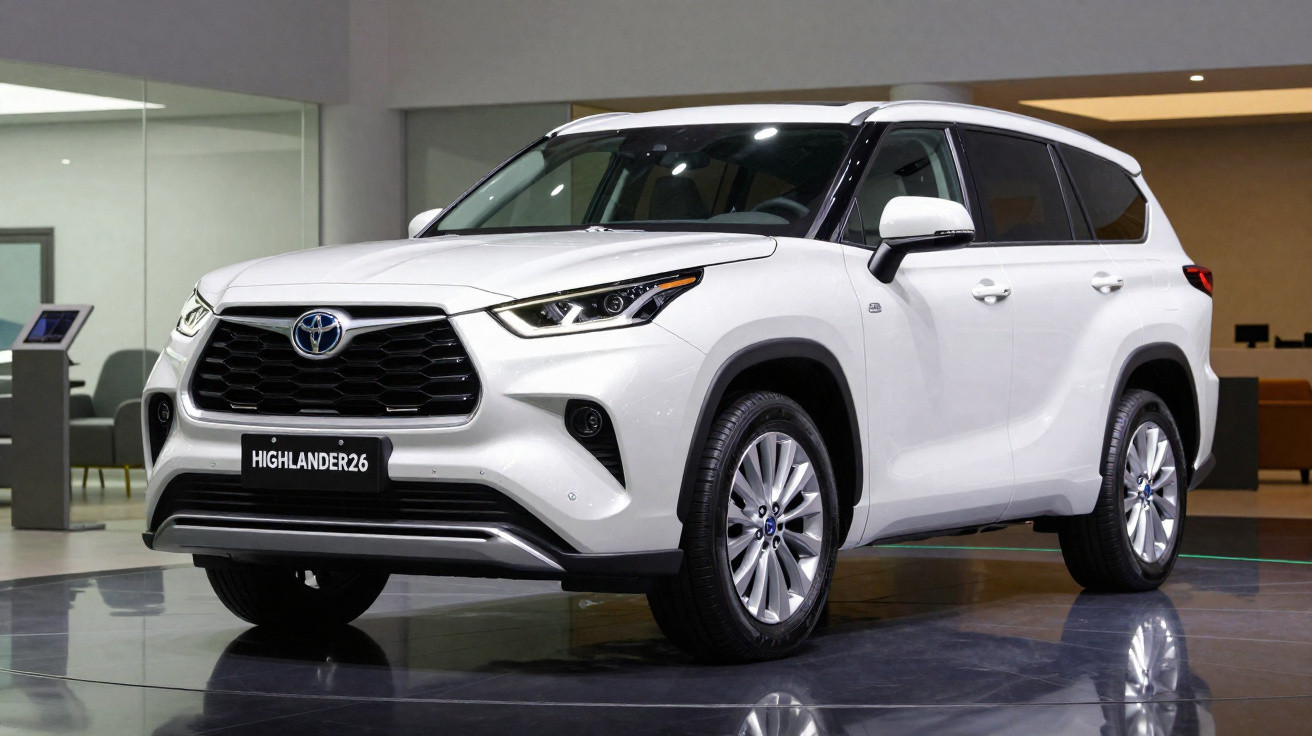 SUV branco Toyota Highlander 2023 exposto em showroom com iluminação interna.
