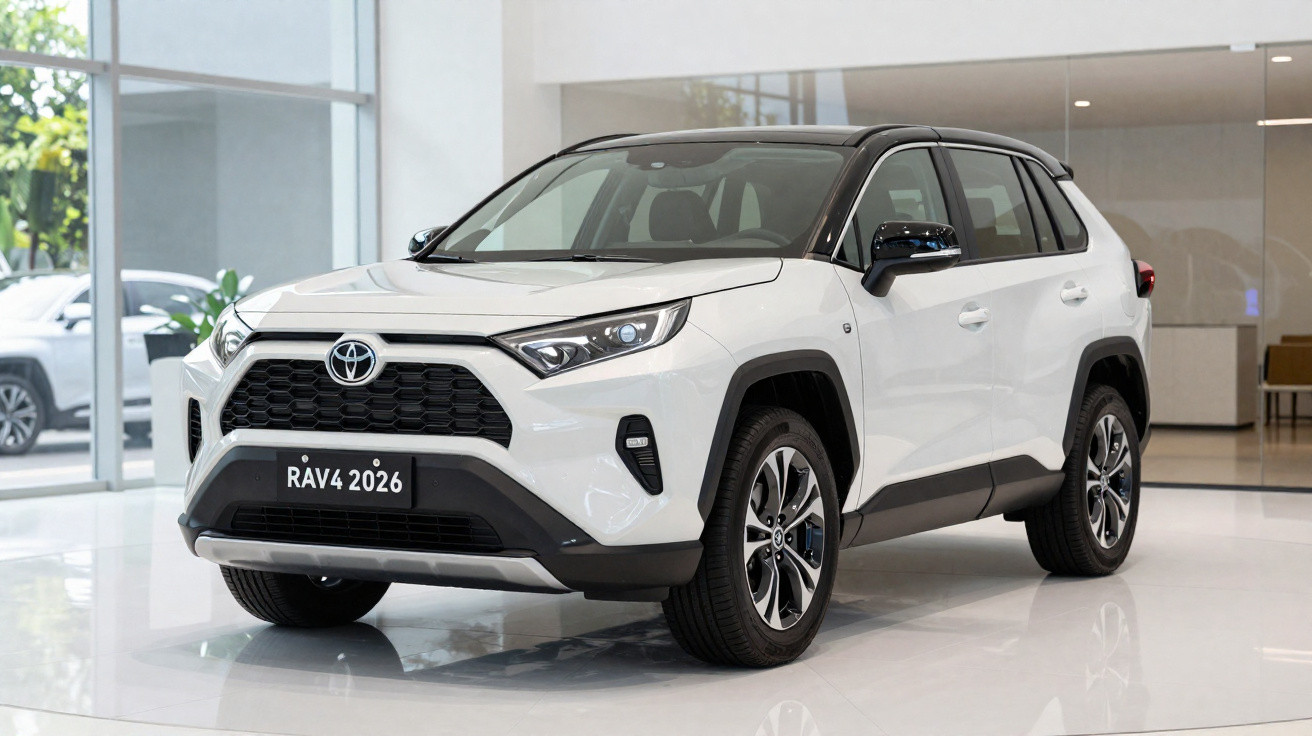 SUV branco Toyota RAV4 2026 em showroom com teto preto e detalhes em preto.