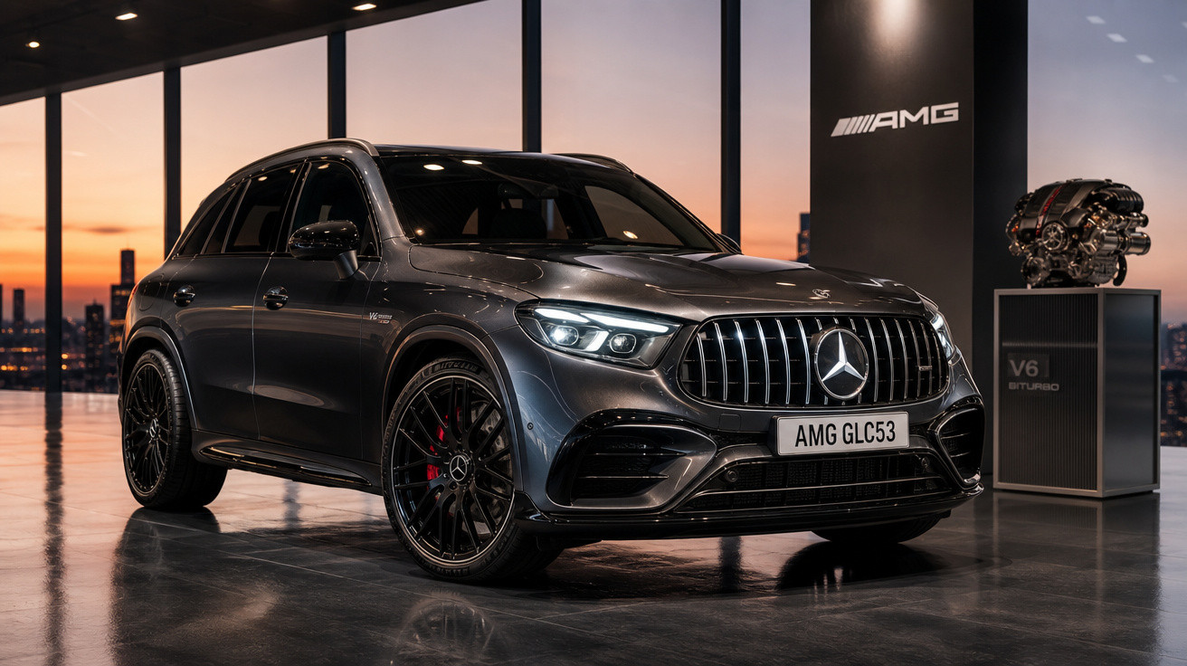 Mercedes-Benz AMG GLC 53 cinza estacionado em showroom com motor V6 biturbo em exibição ao lado.