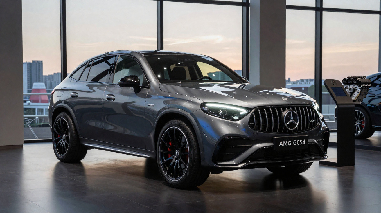 Carro cinza Mercedes AMG GLC 54 exibido em showroom com grande janela ao fundo durante o pôr do sol.