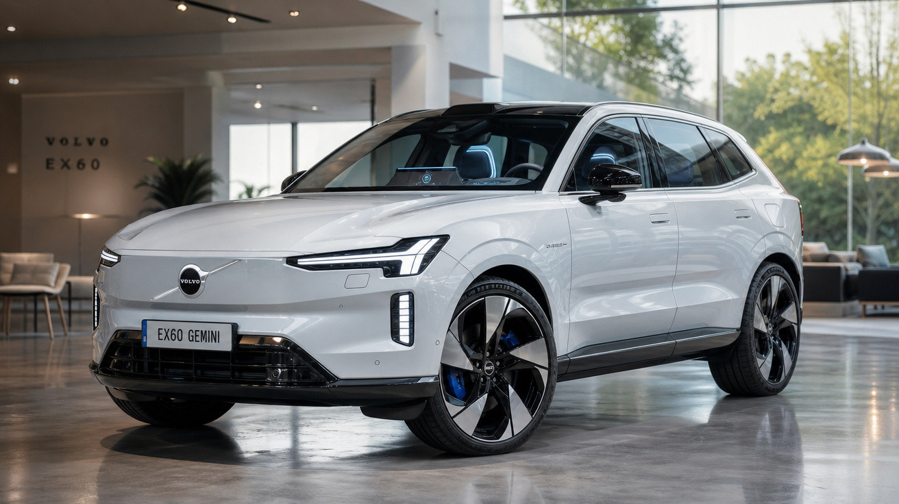 SUV Volvo EX60 branco brilhante em showroom moderno com rodas pretas e detalhes em azul.