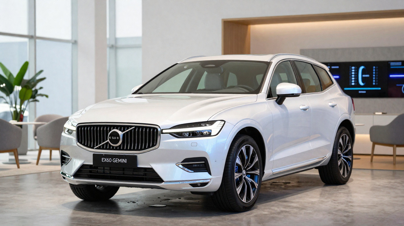 Carro Volvo EX60 Gemini branco estacionado em ambiente moderno e iluminado, com plantas e móveis ao fundo.