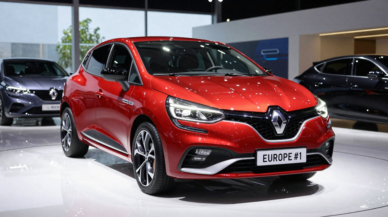 Carro hatch vermelho da Renault com placa "Europe #1" exposto em showroom iluminado.